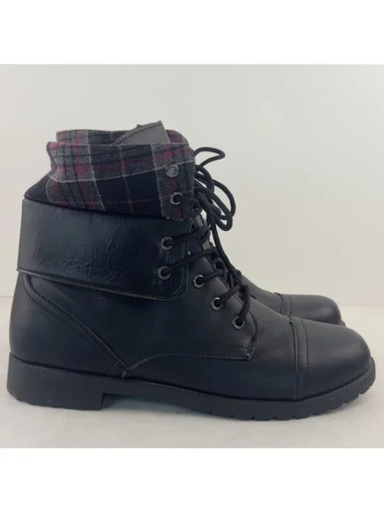 ETC Rue21 Combat Boots Womens Size Large 8/9 Plaid Trim Black Faux Leather - Picture 3 of 12